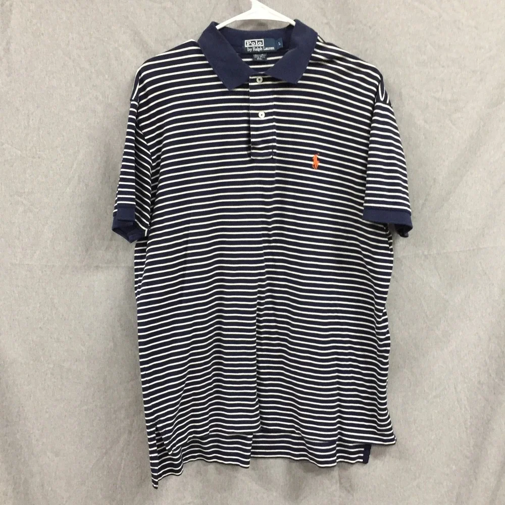 Polo Ralph Lauren Mens Large Pima Cotton Striped Polo Shirt Navy White Logo